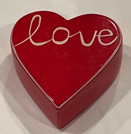 Red heartshaped soapstone box with bold love design