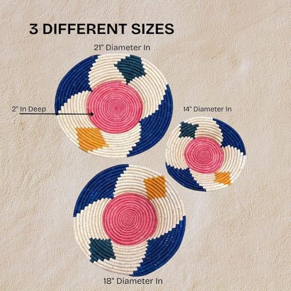Natural, Blue and Pink Raffia Wall Decor Plate Mats -21”,18”,14” - Image 4
