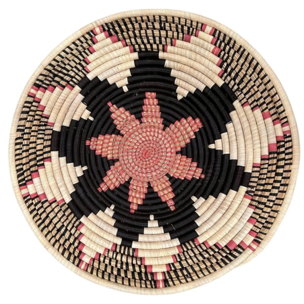 Natural, Pink and Black Raffia Decor Mat with Kaleidoscope Design - 22 Inches