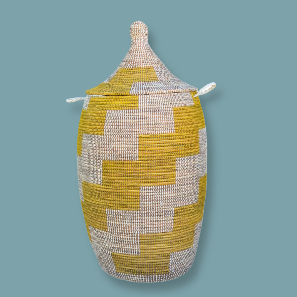 Vibrant Woven Extra-large Senegalese Laundry Hamper Storage Basket in Yellow and White - Image 8