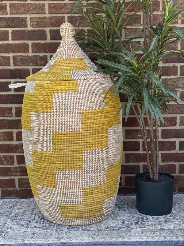 Vibrant Woven Extra-large Senegalese Laundry Hamper Storage Basket in Yellow and White - Image 2