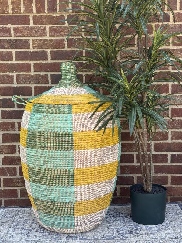 Vibrant Woven Extra-large Senegalese Laundry Hamper Storage Basket with lid in Yellow, Green, White - Image 2