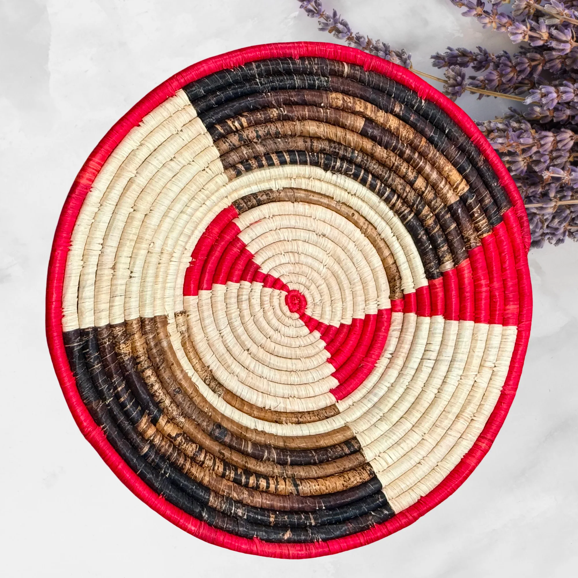 Red, Brown Handwoven Raffia Plate Mat Baske in 18, 16, 14 Inches Diameter - Image 2