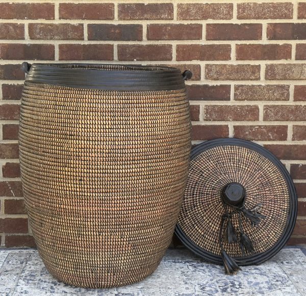Vibrant Woven Extra-large Senegalese Laundry Hamper Storage Basket in Brown and Black with leather - Image 2