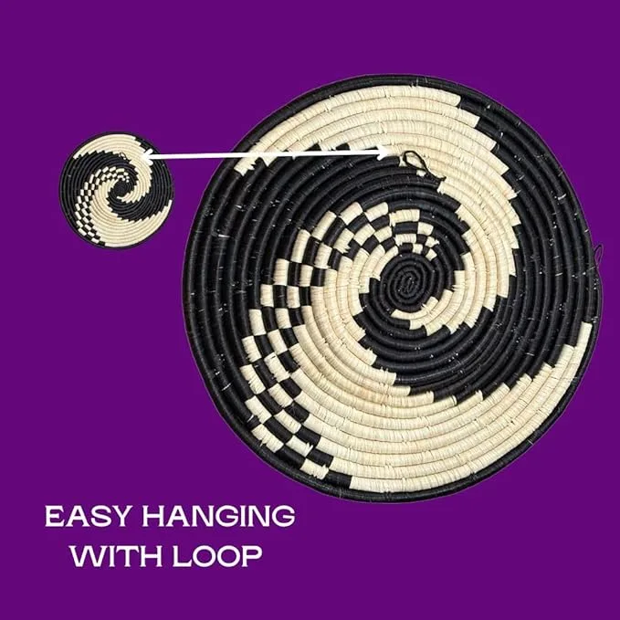 Handwoven Raffia Wall Plate Basket: Versatile Boho Home Decor Piece in Black Swirl Plate Mat - 3 size options - Image 5