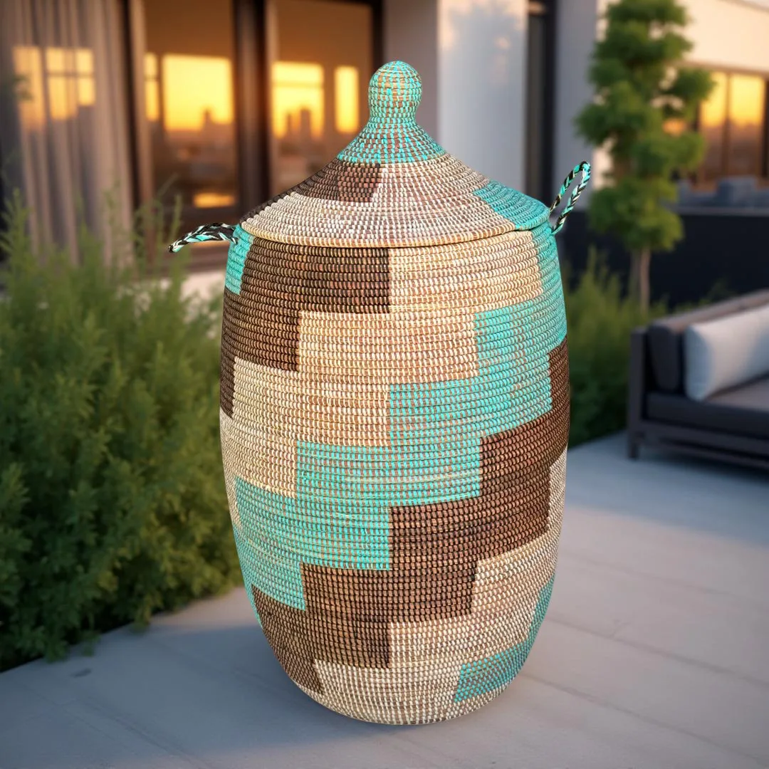 Vibrant Woven Extra-large Senegalese Laundry Hamper Storage Basket in Teal, Brown, White.
