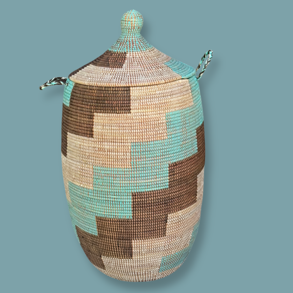 Vibrant Woven Extra-large Senegalese Laundry Hamper Storage Basket in Teal, Brown, White. - Image 10