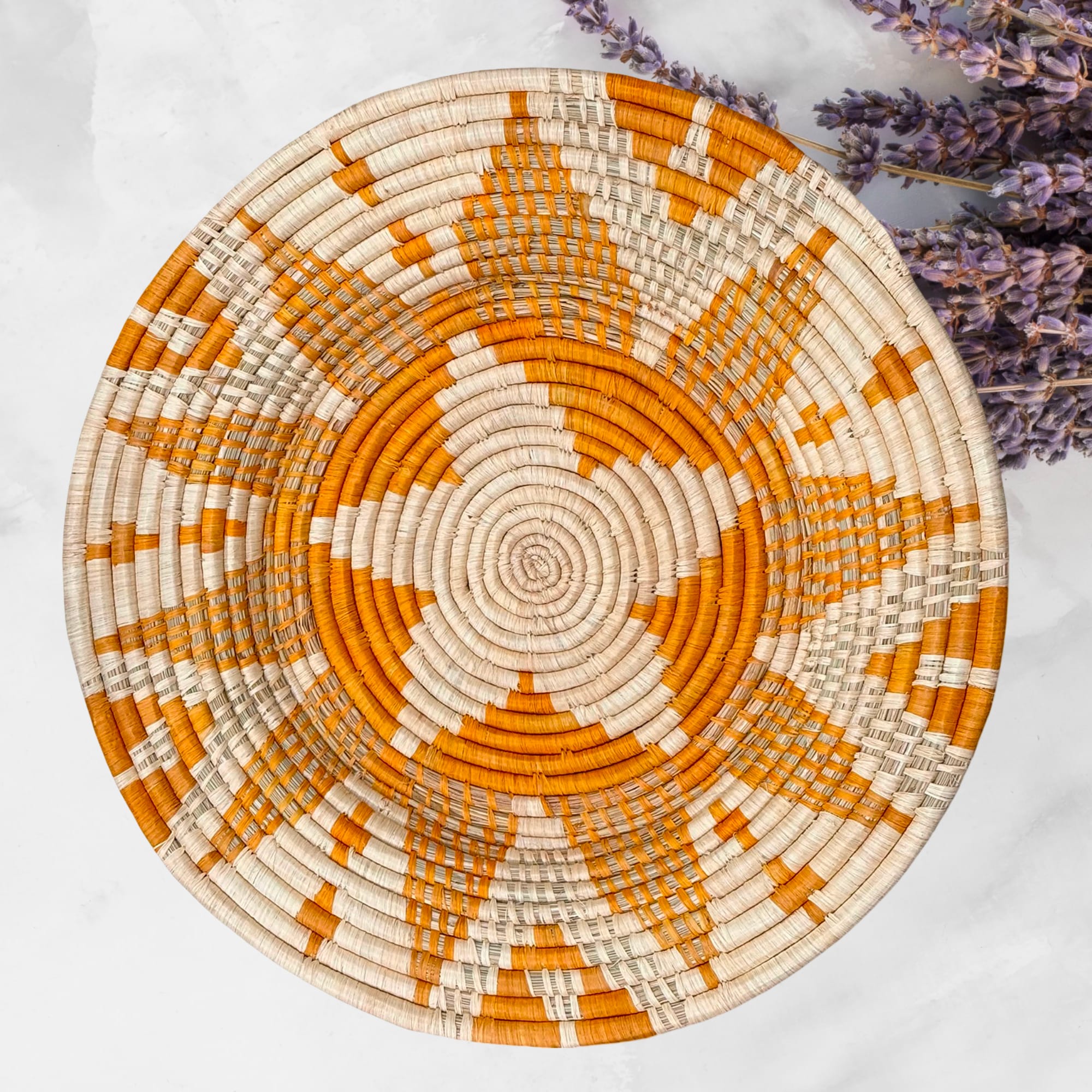 Handwoven African Raffia Basket Plate Mat for Wall Hanging Decor in Orange and Natural - 3 Sizes - Image 2