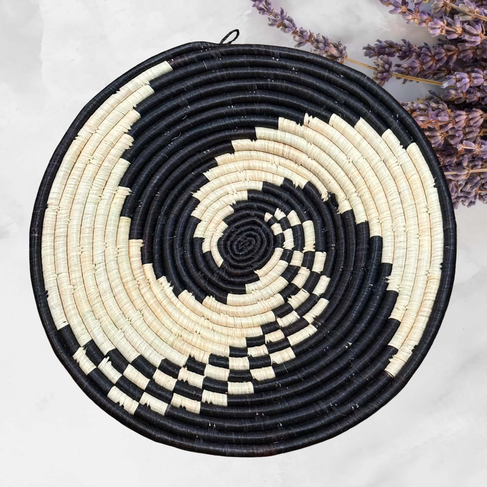 Handwoven Raffia Wall Plate Basket: Versatile Boho Home Decor Piece in Black Swirl Plate Mat - 3 size options - Image 2