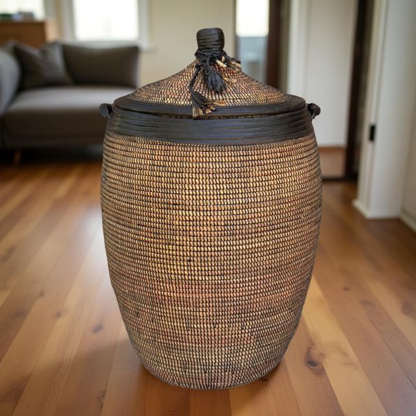 Vibrant Woven Extra-large Senegalese Laundry Hamper Storage Basket in Brown and Black with leather