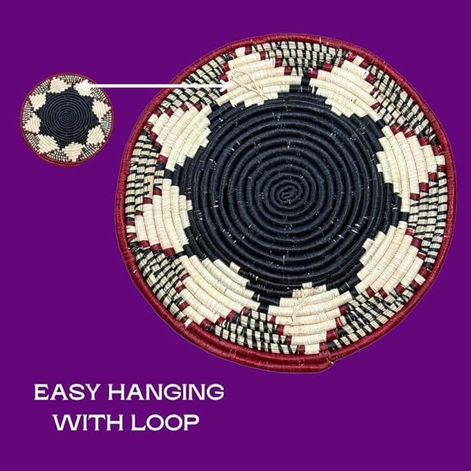Handwoven Black, Maroon and Natural Raffia Wall Hanging Basket Decor Plate Mat - 3 sizes - Image 4