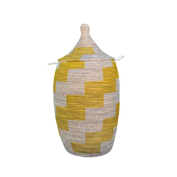 Vibrant Woven Extra-large Senegalese Laundry Hamper Storage Basket in Yellow and White - Image 5