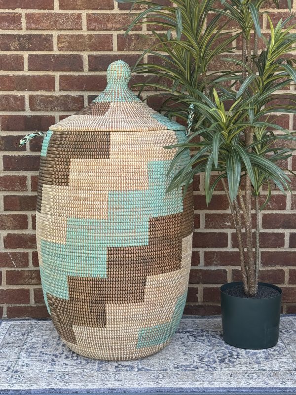 Vibrant Woven Extra-large Senegalese Laundry Hamper Storage Basket in Teal, Brown, White. - Image 2