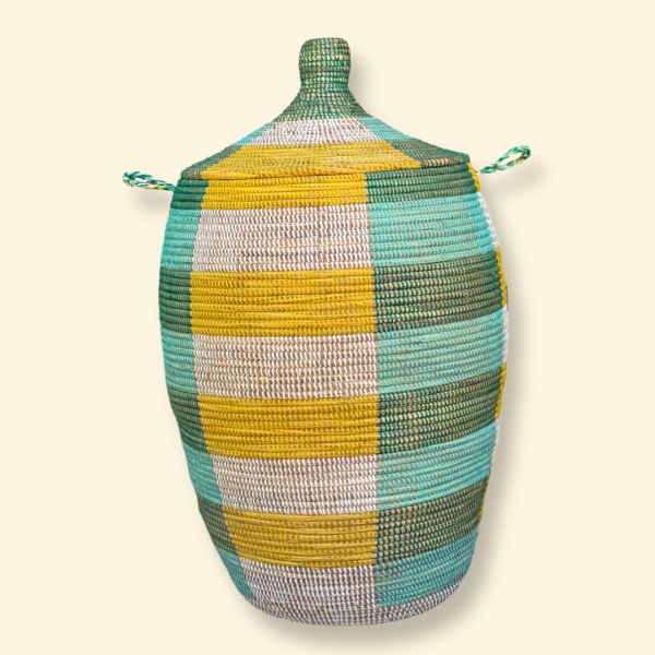 Vibrant Woven Extra-large Senegalese Laundry Hamper Storage Basket with lid in Yellow, Green, White - Image 7