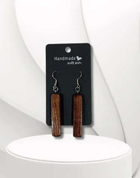 Narrow Rectangular Shaped Reclaimed Wood Earrings - Dark Wood - Image 4