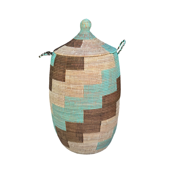 Vibrant Woven Extra-large Senegalese Laundry Hamper Storage Basket in Teal, Brown, White. - Image 7