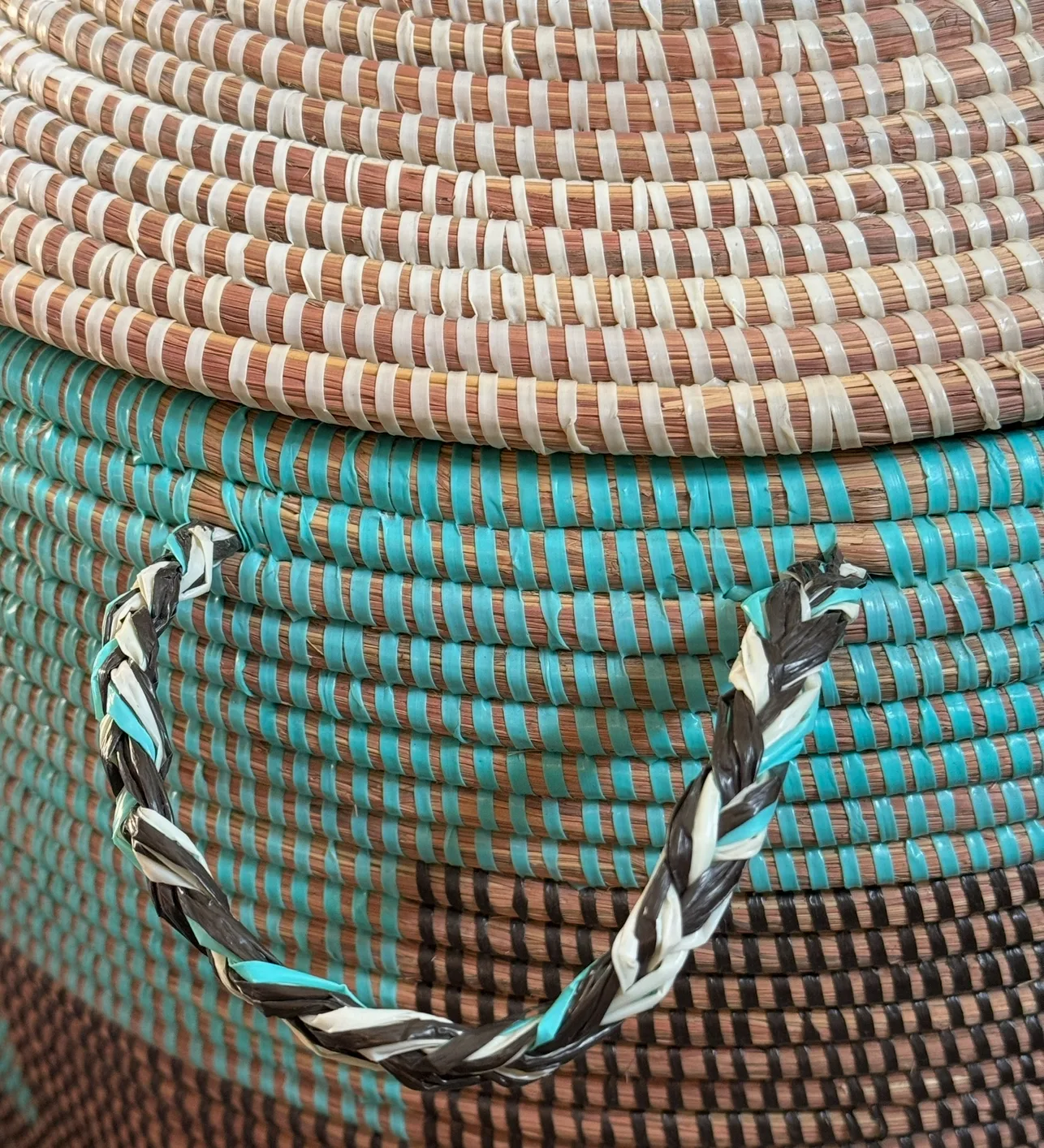 Vibrant Woven Extra-large Senegalese Laundry Hamper Storage Basket in Teal, Brown, White. - Image 5
