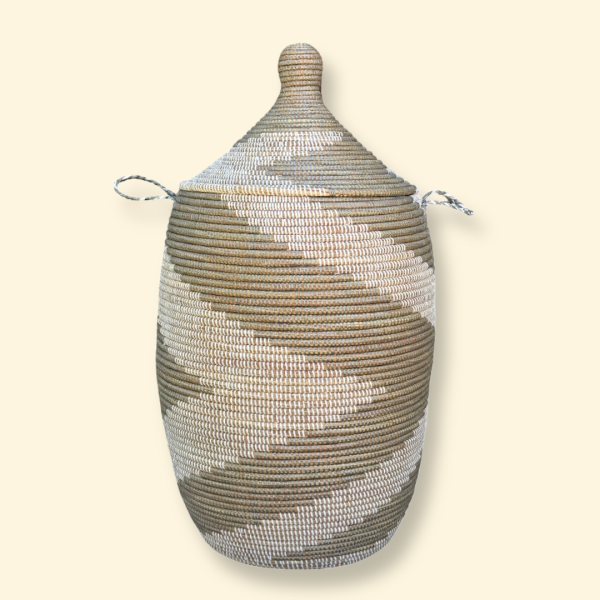 Vibrant Woven Extra-large Senegalese Laundry Hamper Storage Basket in Silver and White - Image 8