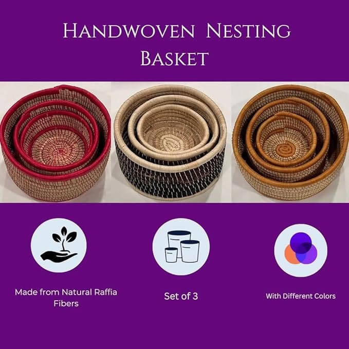 Brown Raffia Nesting Baskets - Set of three 6 to 9 inches - Image 7
