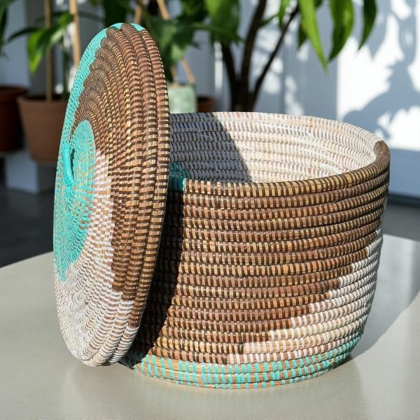 Colorful Handwoven Lidded Senegalese Shelf Baskets, Various Colors