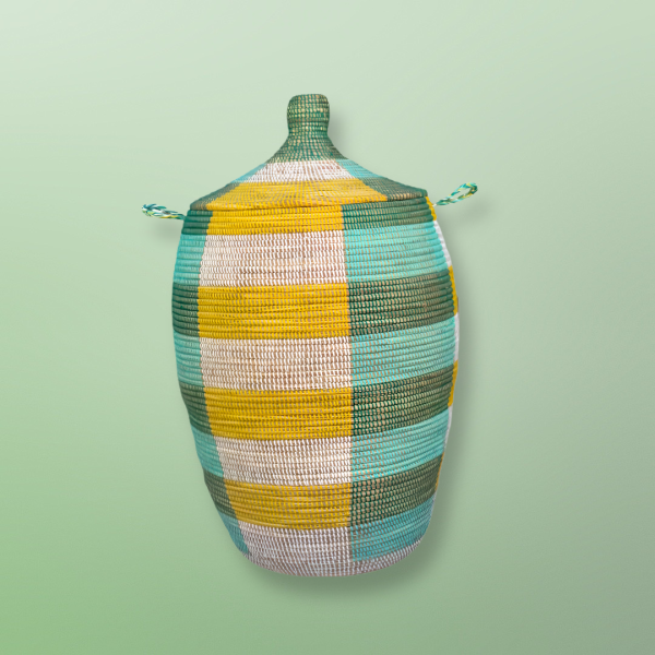 Vibrant Woven Extra-large Senegalese Laundry Hamper Storage Basket with lid in Yellow, Green, White - Image 9