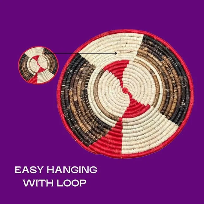 Red, Brown Handwoven Raffia Plate Mat Baske in 18, 16, 14 Inches Diameter - Image 3
