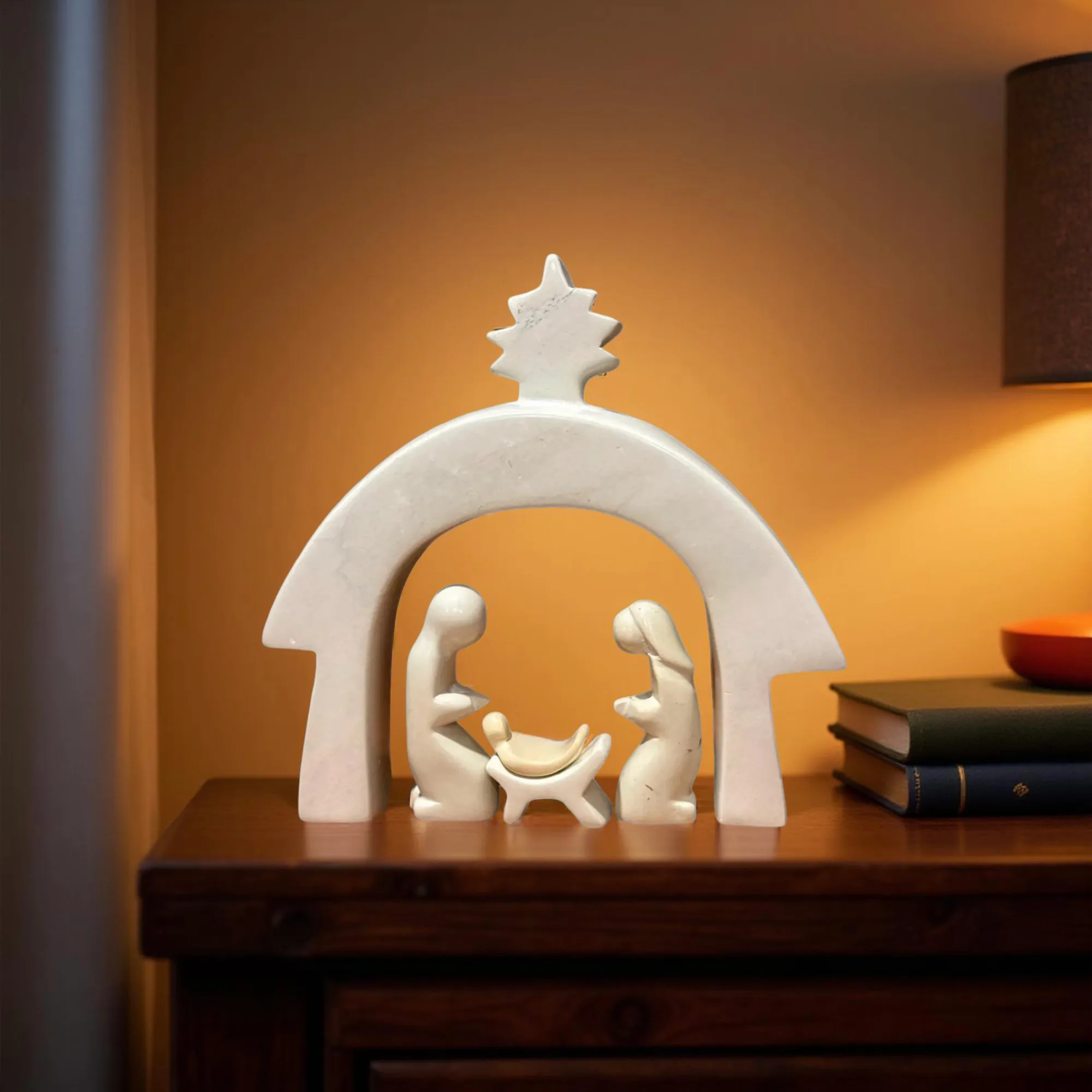 Natural Kisii Soapstone Nativity Set, Hand-Carved Religious Christmas Decor, Kenya Handmade Holy Family & Arch Figurines