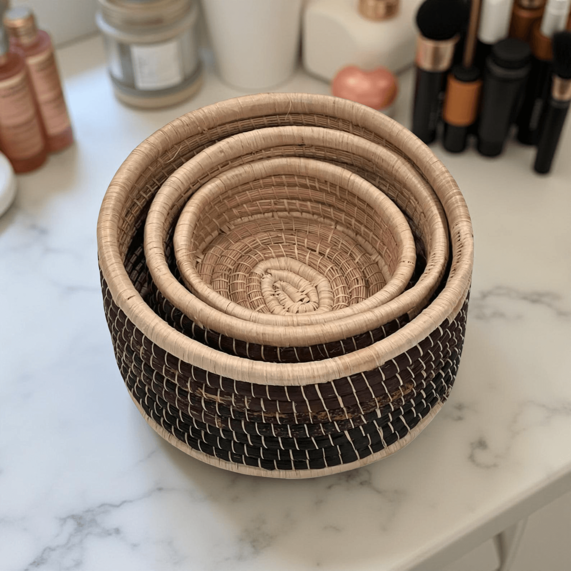 Brown Raffia Nesting Baskets - Set of three 6 to 9 inches