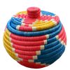Handwoven African Sisal Basket with Lid Handmade Trinkets bowl Decorative basket for Home Kitchen Food Storage Organizer 6 in diameter x 4 in height Zen designs arts and crafts (Orange Blue Yellow)