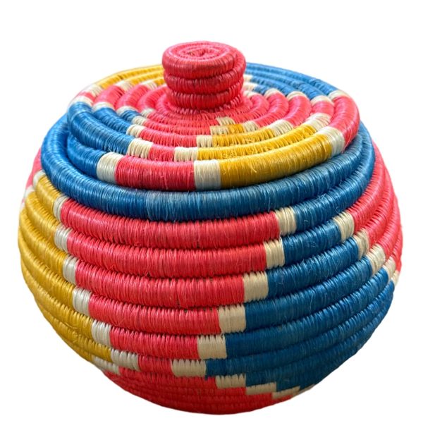 Handwoven African Sisal Basket with Lid Handmade Trinkets bowl Decorative basket for Home Kitchen Food Storage Organizer 6 in diameter x 4 in height Zen designs arts and crafts (Orange Blue Yellow)