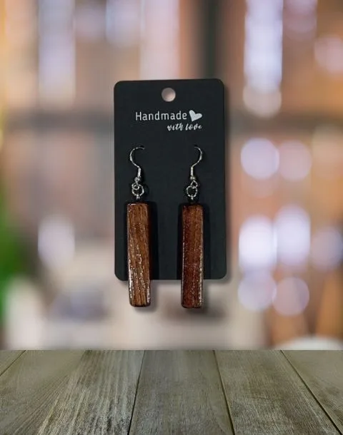 Narrow Rectangular Shaped Reclaimed Wood Earrings - Dark Wood - Image 3