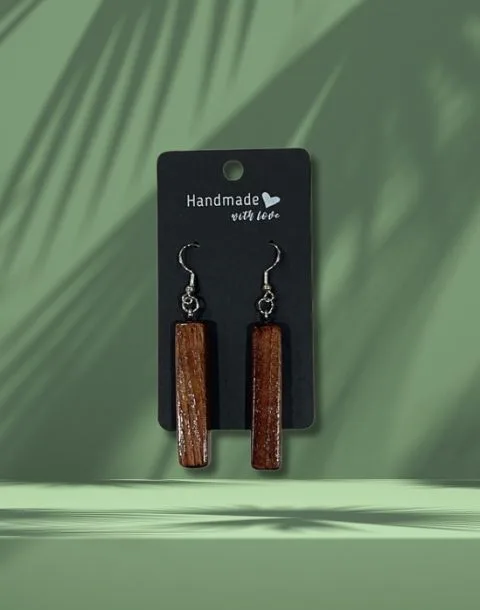 Narrow Rectangular Shaped Reclaimed Wood Earrings - Dark Wood - Image 5