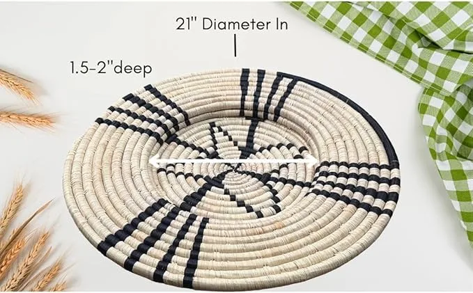 Natural, Black lines Handwoven African Raffia Plate Mat Basket in 21 inches Diameter - Image 4