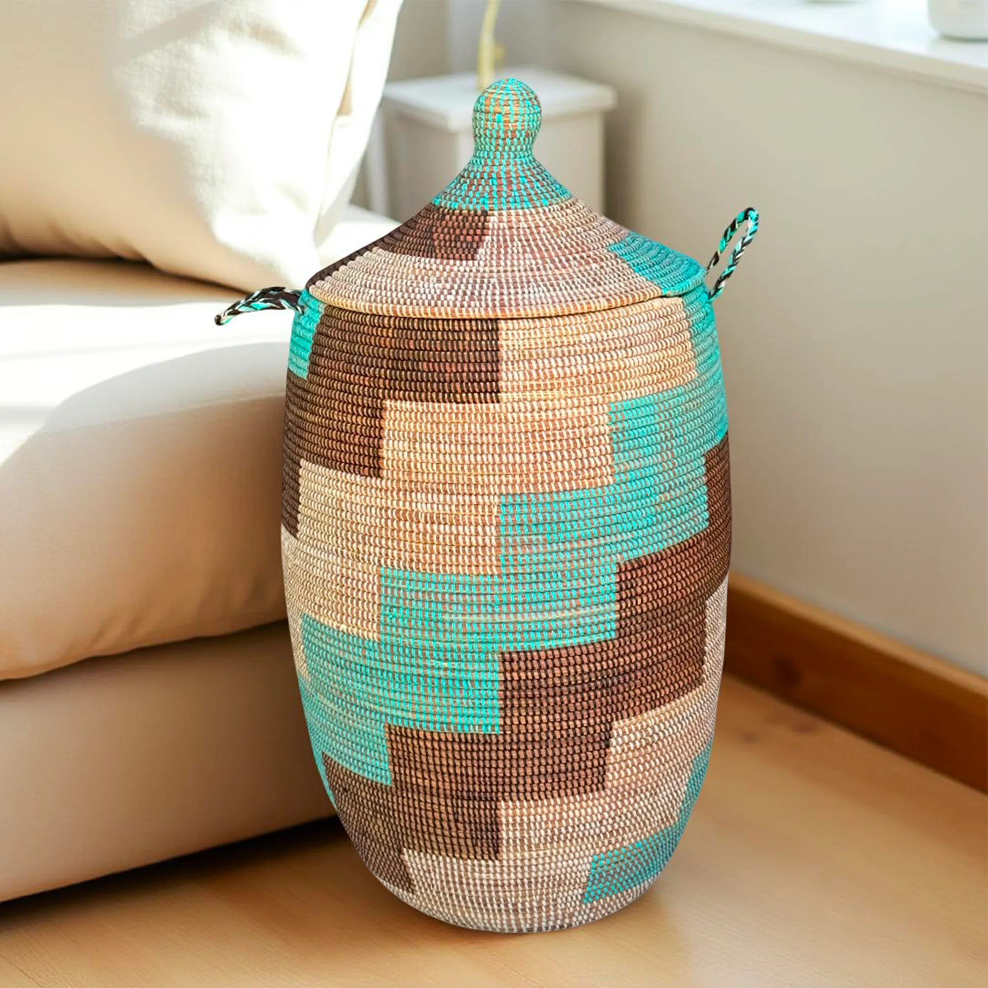 Vibrant Woven Extra-large Senegalese Laundry Hamper Storage Basket in Teal, Brown, White. - Image 7