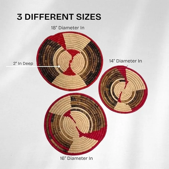 Red, Brown Handwoven Raffia Plate Mat Baske in 18, 16, 14 Inches Diameter - Image 5