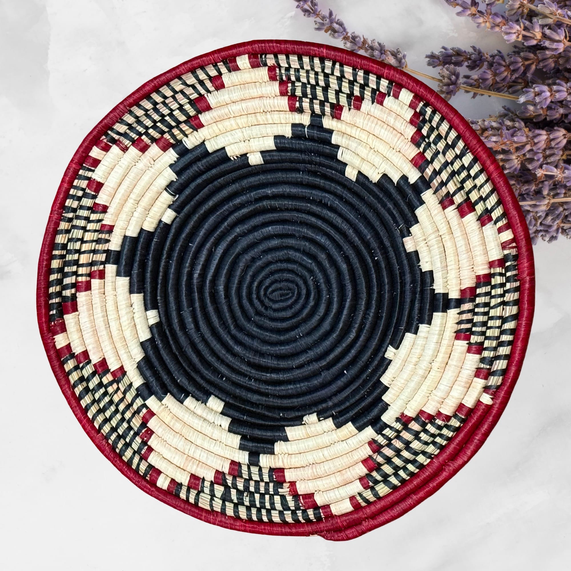 Handwoven Black, Maroon and Natural Raffia Wall Hanging Basket Decor Plate Mat - 3 sizes - Image 2