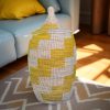 Vibrant Woven Extra-large Senegalese Laundry Hamper Storage Basket in Yellow and White