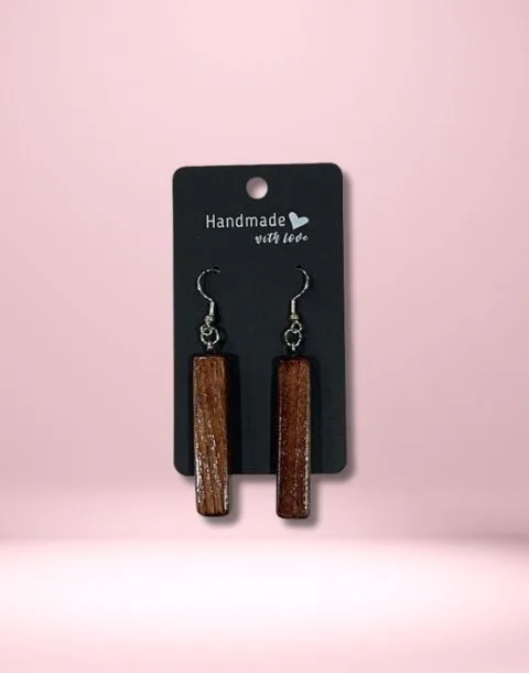 Narrow Rectangular Shaped Reclaimed Wood Earrings - Dark Wood - Image 2