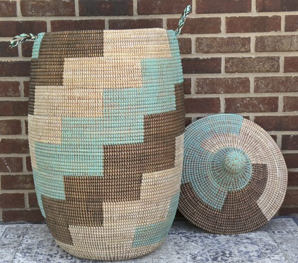 Vibrant Woven Extra-large Senegalese Laundry Hamper Storage Basket in Teal, Brown, White. - Image 3