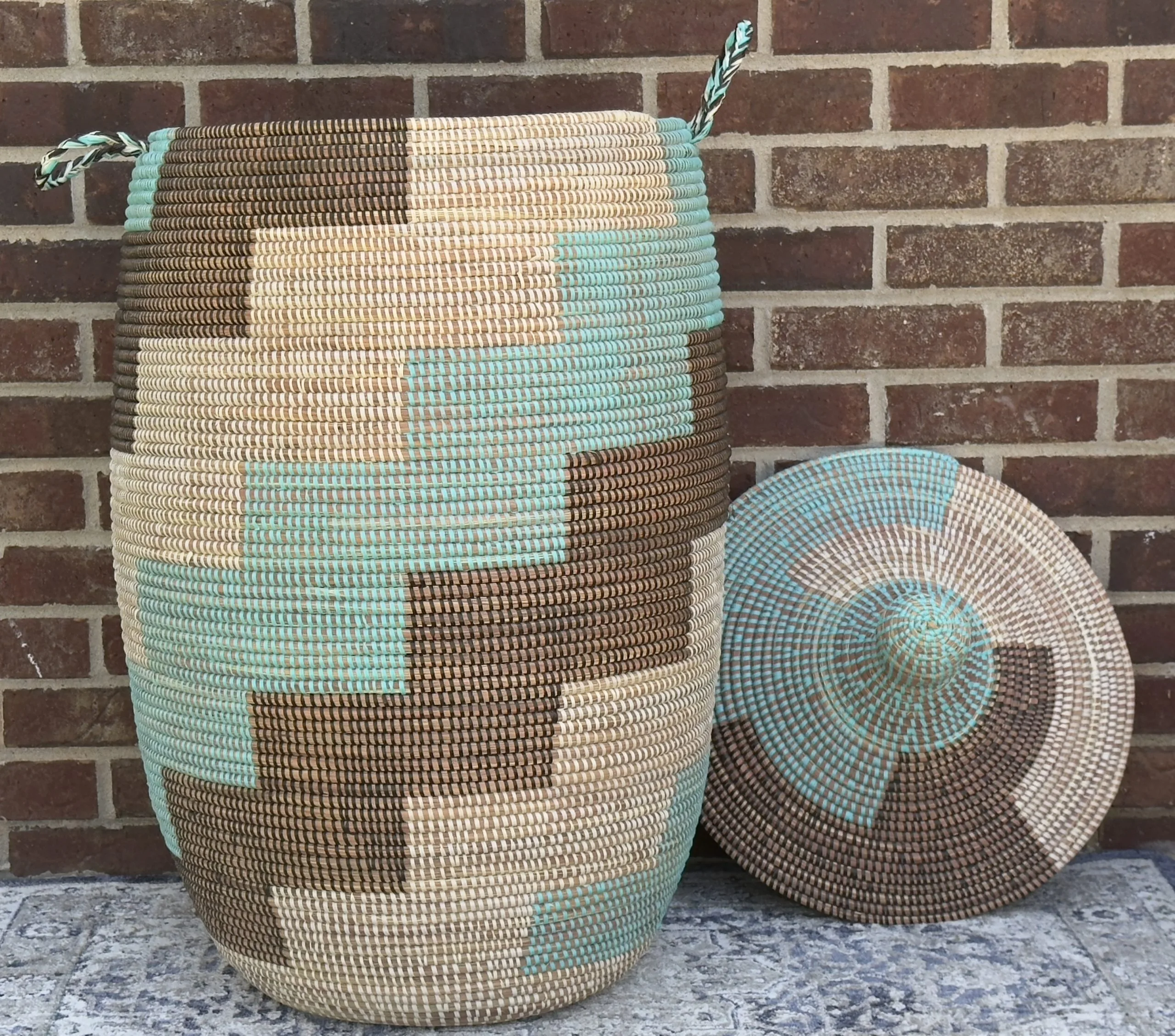 Vibrant Woven Extra-large Senegalese Laundry Hamper Storage Basket in Teal, Brown, White. - Image 3