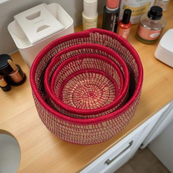 Red Raffia Nesting Baskets - Set of three 6 to 9 inches