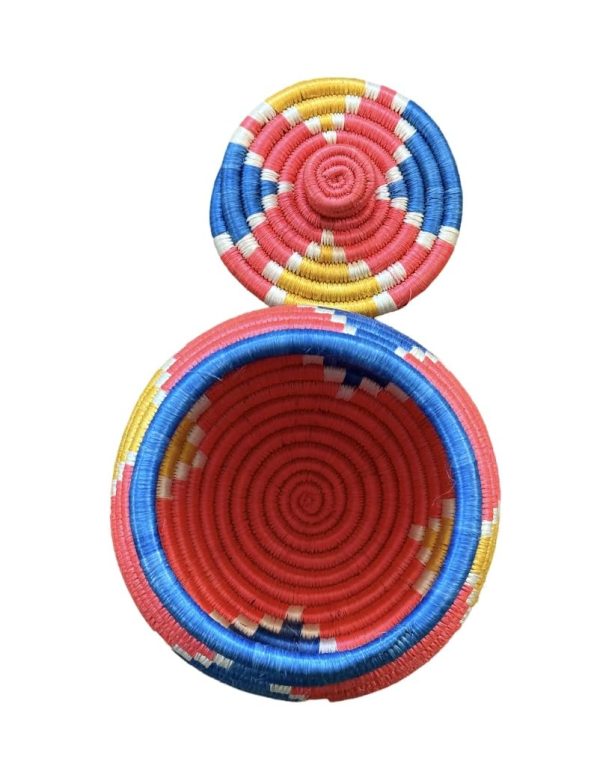 Handwoven African Sisal Basket with Lid Handmade Trinkets bowl Decorative basket for Home Kitchen Food Storage Organizer 6 in diameter x 4 in height Zen designs arts and crafts (Orange Blue Yellow) - Image 2