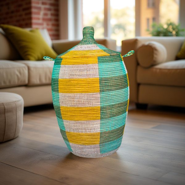 Vibrant Woven Extra-large Senegalese Laundry Hamper Storage Basket with lid in Yellow, Green, White