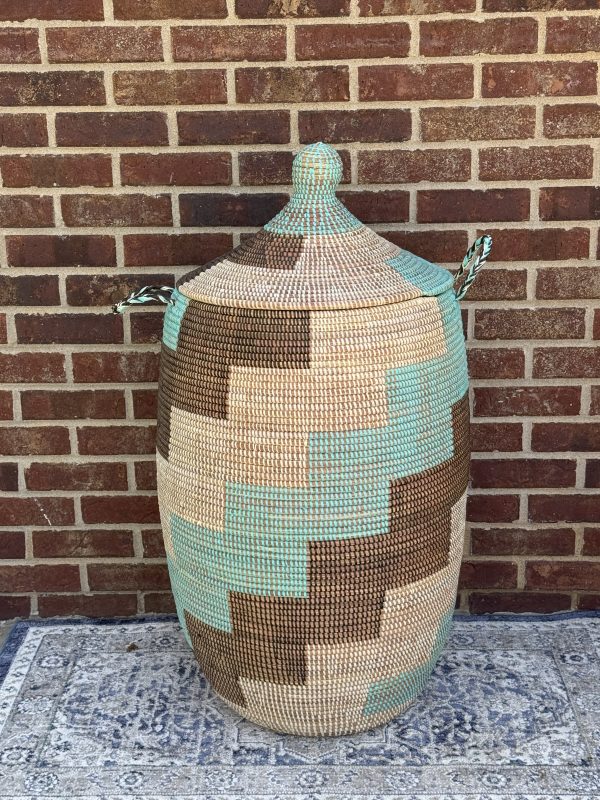 Vibrant Woven Extra-large Senegalese Laundry Hamper Storage Basket in Teal, Brown, White. - Image 4