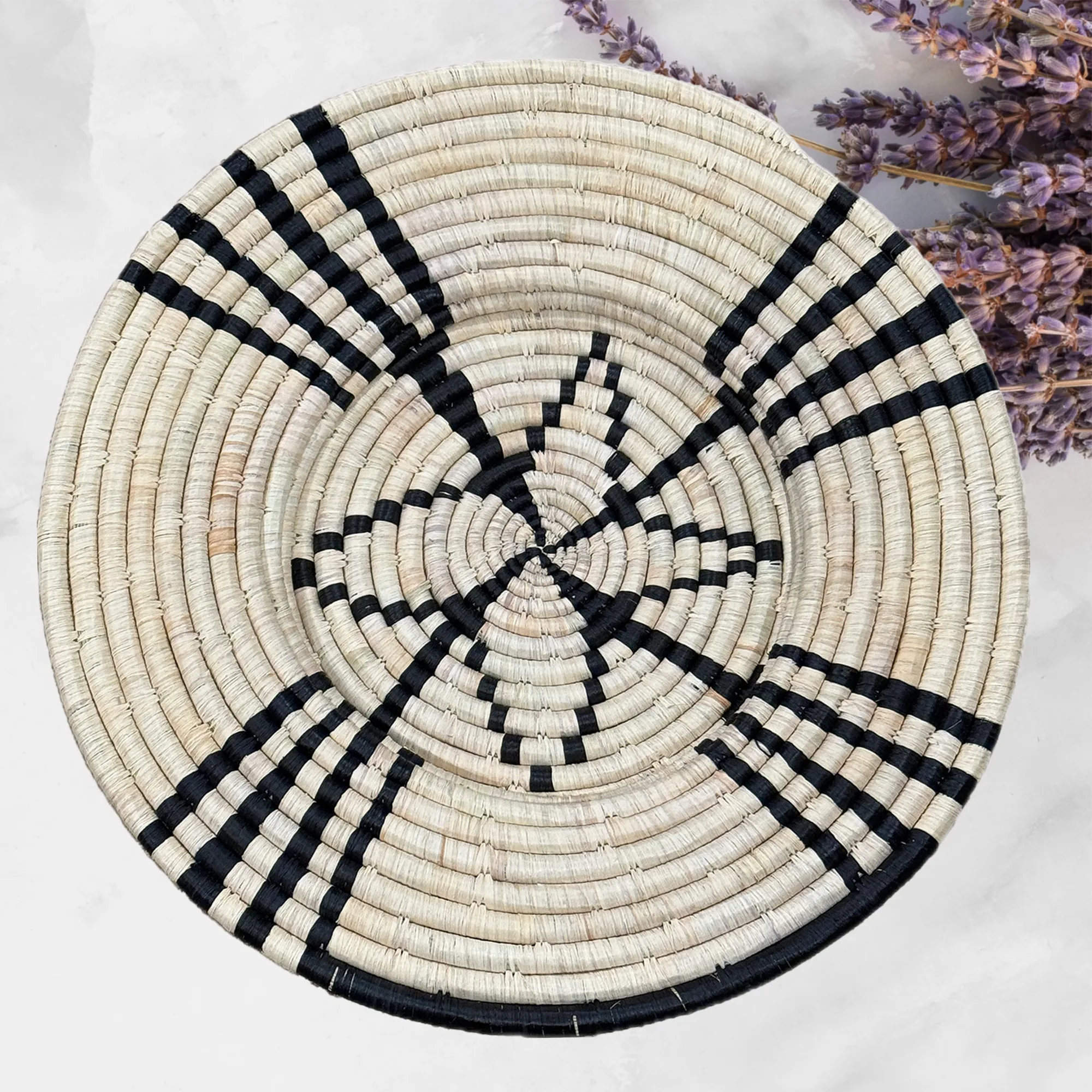 Natural, Black lines Handwoven African Raffia Plate Mat Basket in 21 inches Diameter - Image 2