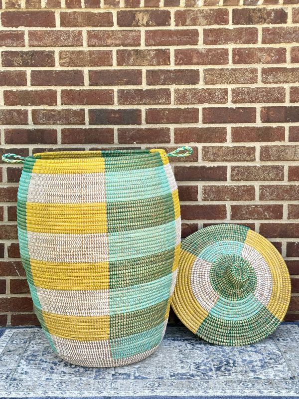 Vibrant Woven Extra-large Senegalese Laundry Hamper Storage Basket with lid in Yellow, Green, White - Image 4