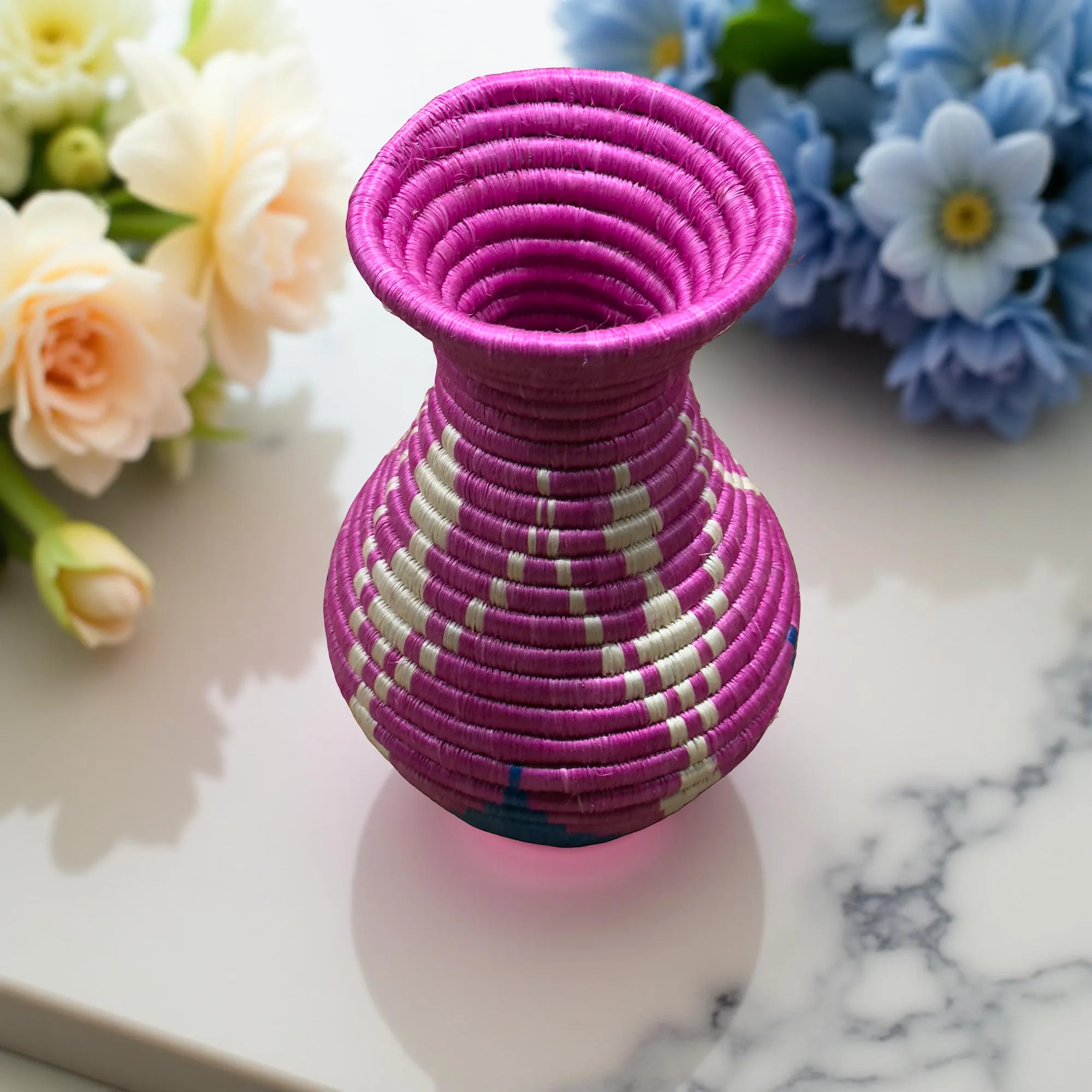 Handmade Sisal Basket Vase in Purple, Blue with White Accent - Image 2