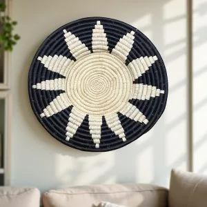 Black,Natural FloralHandwoven African Raffia Plate Mat Wall Basket in 18,16,14 Inches Diameter