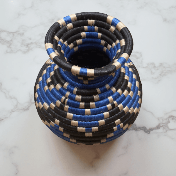 Handmade Sisal Basket Vases in Blue,Black with Tan Accent and Wavy Design - Image 2