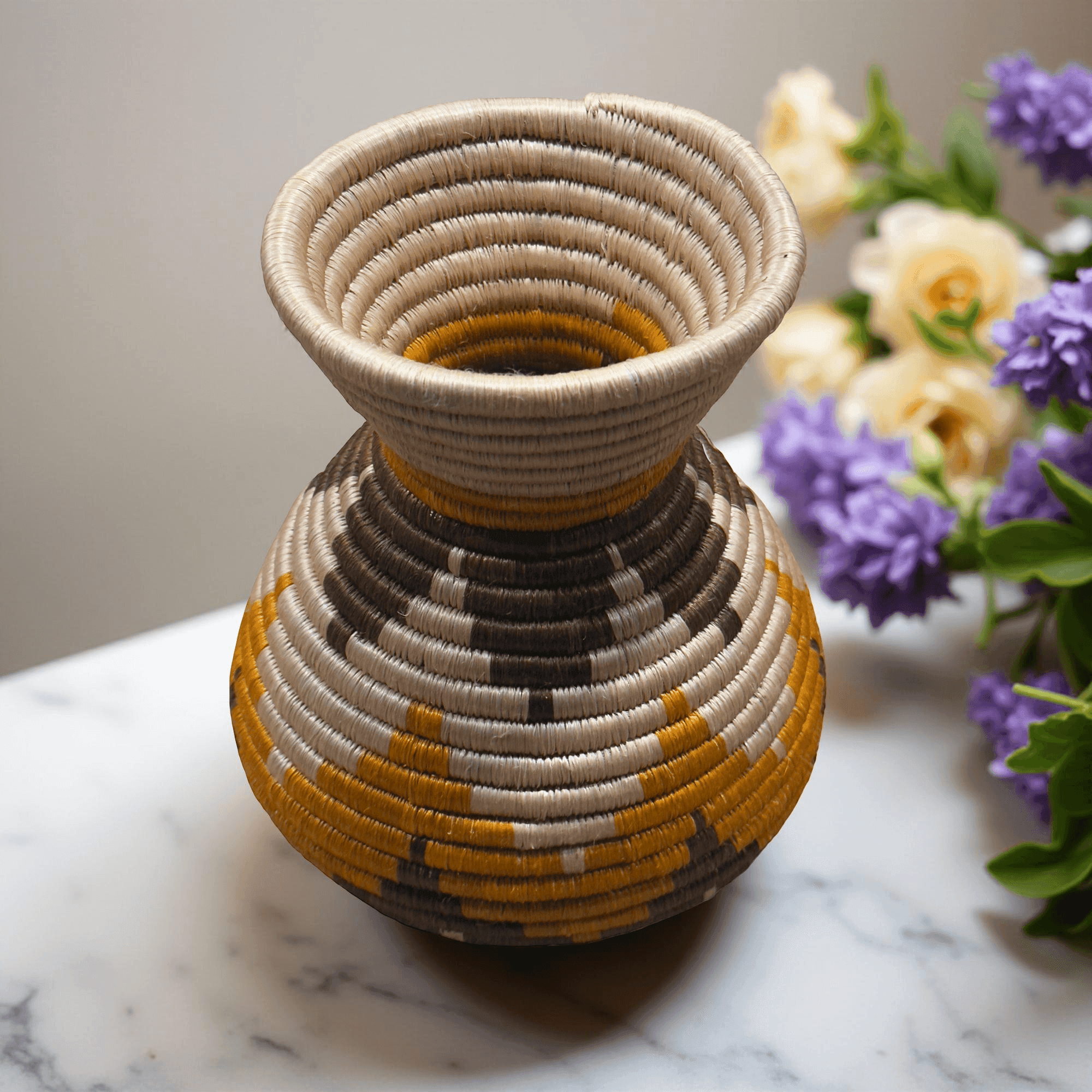 Handmade Sisal Basket Vases in Tan, Yellow, Brown with Wavy Floral Design - Image 3